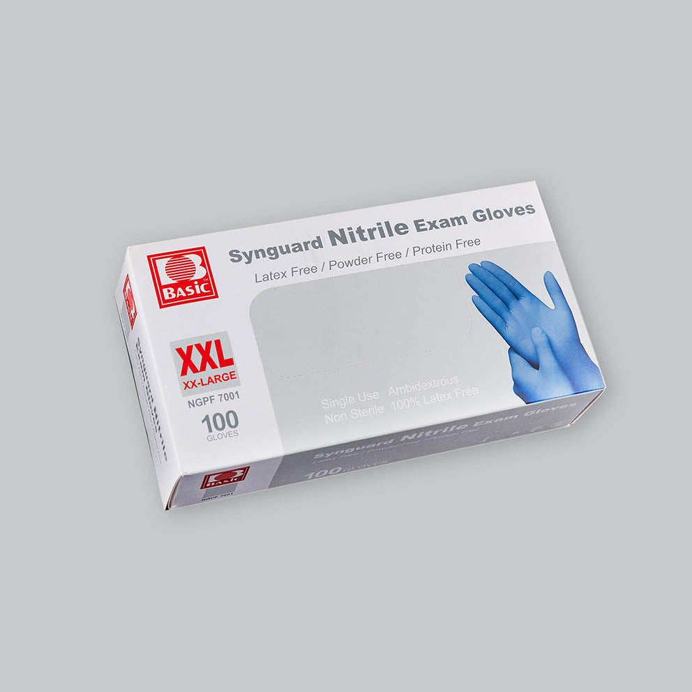 White box of blue Synguard nitrile gloves in size XX Large