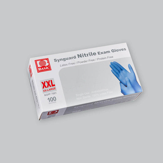 White box of blue Synguard nitrile gloves in size XX Large