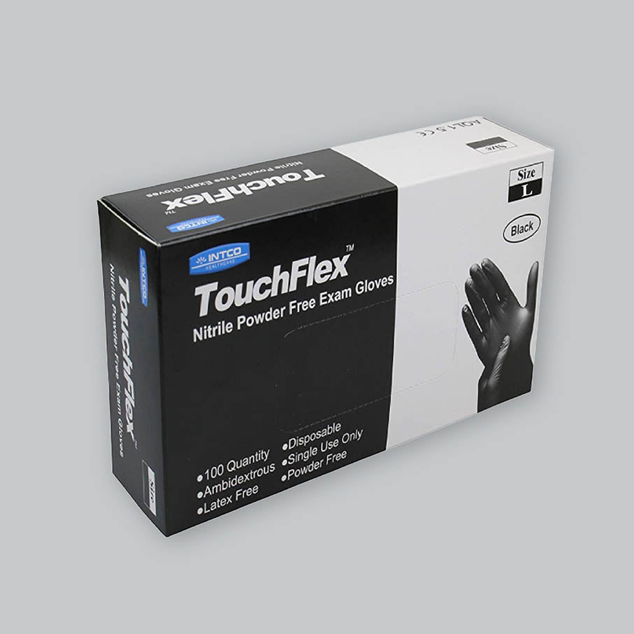 Black and white box of black TouchFlex nitrile gloves in size Large