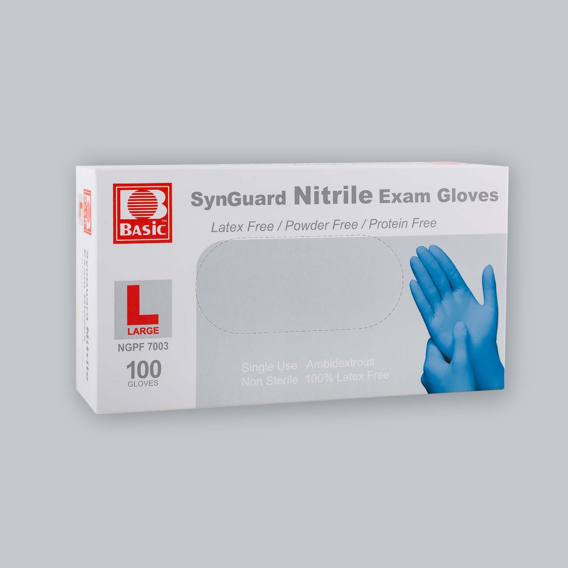 White box of blue Synguard nitrile gloves in size Large