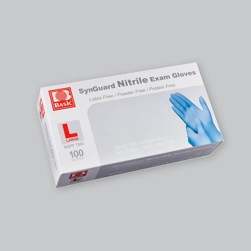 White box of blue Synguard nitrile gloves in size Large