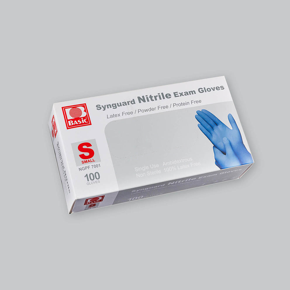 White box of blue Synguard nitrile gloves in size Small