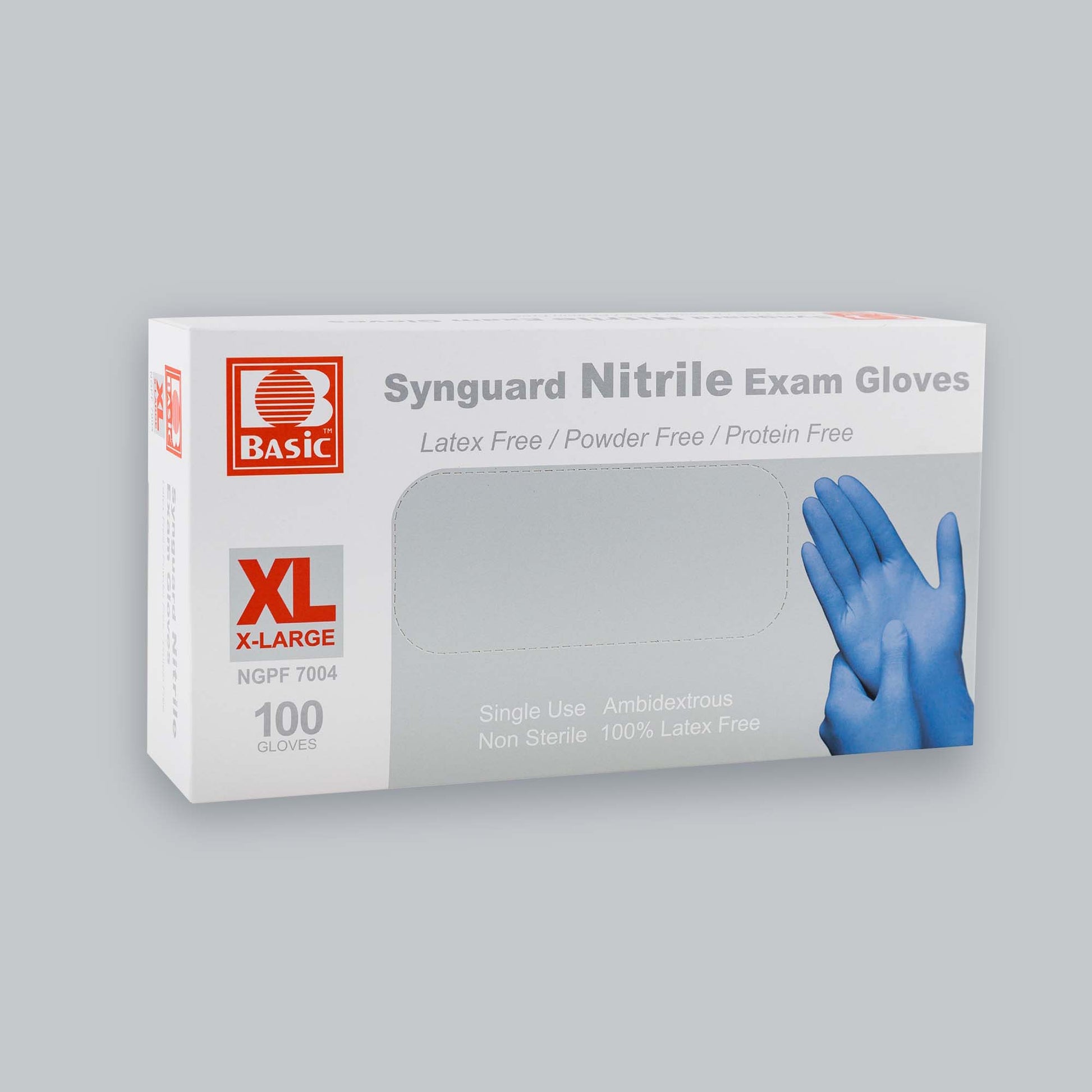 White box of blue Synguard nitrile gloves in size X Large