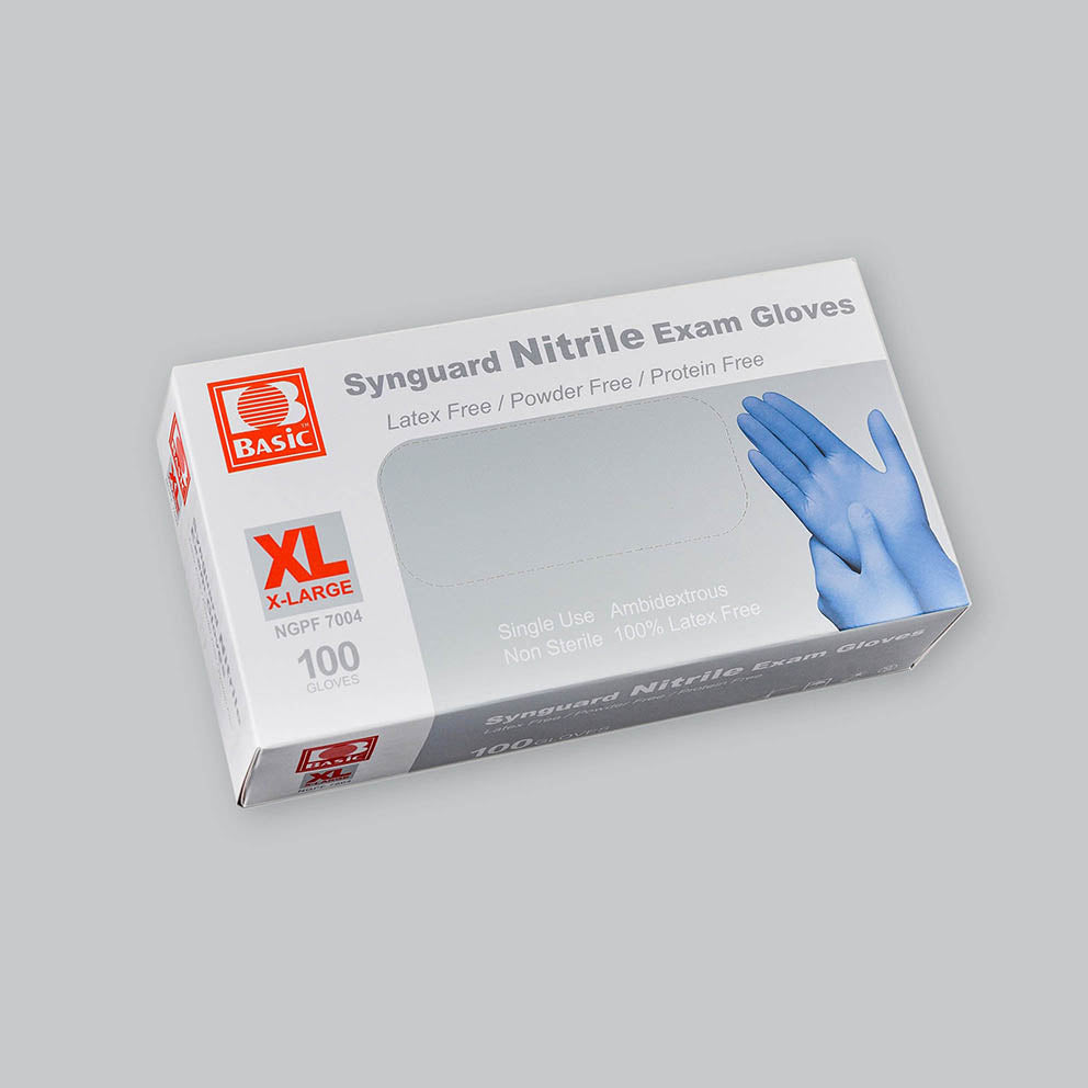 White box of blue Synguard nitrile gloves in size X Large