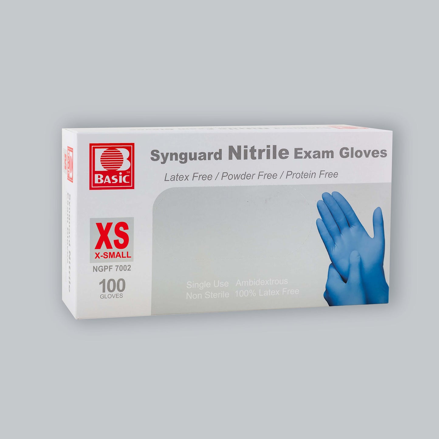 White box of blue Synguard nitrile gloves in size X Small