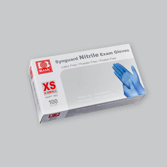 White box of blue Synguard nitrile gloves in size X Small